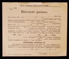 cca 1930-1940 A M. kir. pénzügyőri kerület vezetője által kiadott kitöltetlen elővezető parancs vízjeles papíron