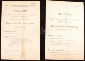 1914 Ferenc Ferdinánd trónörökös és Zsófia főhercegnő végzetes boszniai látogatásának korabeli, részletes programfüzetei. A programokat a szarajevói merénylet szakította meg. Érdekes kortörténeti dokumentum. / 1914 Detailed program booklet of Franz Ferdinand and Sivie von Hohenberg in Bosnia. The program was interrupted by an assassination that boke out World war I. 8p.+6p.
