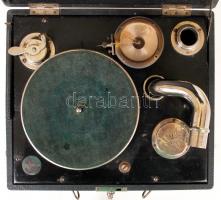 D.R.G.M. hordozható régi gramofonlejátszó, működik, 24×28 cm