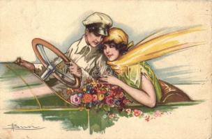 Couple in automobile, Italian art postcard, Anna & Gasparini 615 s: Busi