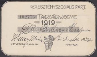 1919 Kersztényszociális Párt tagsági jegye