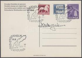 Z. Jakus bélyegtervező aláírása levelezőlapon rajta az által tervezett bélyegekkel