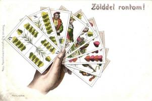 Zölddel rontom magyar kártyás képeslap; kiadja Ferenczi B. / Tell playing cards, litho