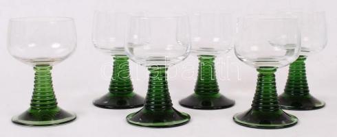 6 db zöld talpú likőrös pohár, hibátlan, m: 11 cm