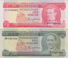 Barbados 1973-1975. 1$ + 5$ T:II (hajtatlan),III  Barbados 1973-1975. 1 Dollar + 5 Dollars C:XF (unfolded),F