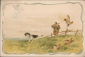 Hunter with hunting dog litho (EK)