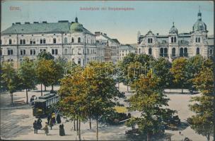 Graz, Geidorfplatz mit Bergmanngasse / square, street, tram, market place (fa)