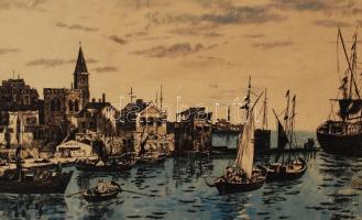 Jelzés nélkül: Mediterrán kikötő. Színezett rézkarc, papír, jelzett, kisebb szakadás, 31×48