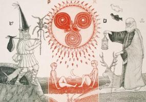 Kovács Tamás (1942-1999): A tarot világa. Színezett rézkarc, papír, jelzett, 29×40 cm