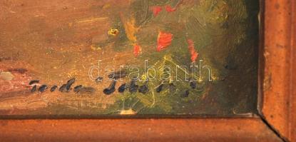 Tibai Takács Jenő (1876-1943): Falusi utcakép. Olaj, karton, jelzett, antik sérült keretben, 17×29 c...