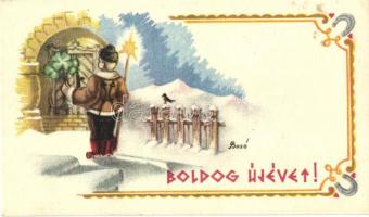 2 db használatlan újévi Bozó Gyula szignós üdvözlőkártya (12 × 7 cm méretűek) / 2 folklore style New Year mini greeting cards signed Bozó