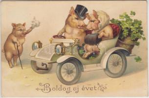 New Year, pigs in automobile, Emb. litho