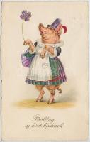 New Year, pig lady, Emb. litho