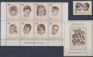 International Year of Child stamp + margin block of 8 + block, Nemzetközi gyermekév bélyeg + ívsarki nyolcastömb + blokk