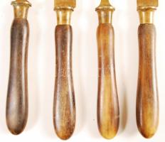 Két pár halvilla és kés, szaru nyéllel, réz, jelzett, h:16,5 cm és 15,5 cm