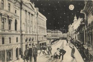 Arad, Aczél Péter utca éjjel; Pichler Sándor kiadása / at night, humour
