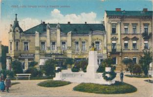 Arad, Csiky Gergely szobra, Kossuth park, Urbán Endre üveg-porcelán üzlete, Riedl Ödön üzlete, Singer varrógép üzlet, Zsunkán Jenő üzlete / statue, park, shops (Rb)