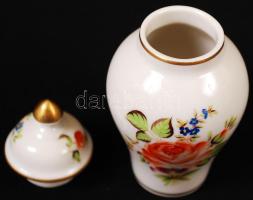 Herendi virágmintás kézzel festett porcelán mini váza fedéllel, hibátlan, jelzett, m: 10 cm