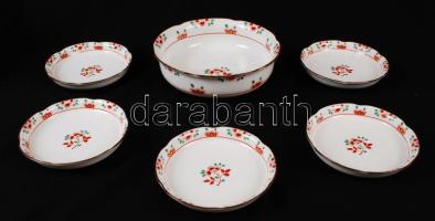 Japán virágmintás porcelán kínáló tál kistányérokkal (5 db), hibátlan, jelzett