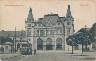 Temesvár, Józsefváros, vasútállomás / railway station, tram, Divald & Monostory (fl)