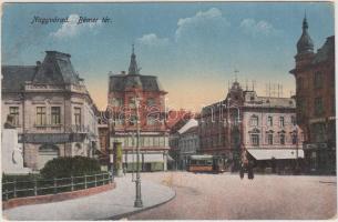 Nagyvárad, Bémer tér, Berger Sándor és Erdős Emil üzlete, női szabóság, villamos / square, shops, tram (Rb)
