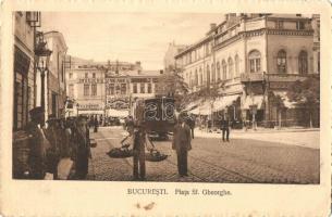 Bucharest, Bucuresti; Piata Sf. Gheorghe / St George square, tram, vendor