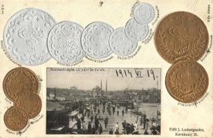 Constantinople, Le Pont le Galata; Turkish coins Emb.