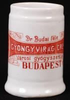 Dr. Budai féle Gyöngyvirág créme Városi Gyógyszertár Budapest feliratú porcelán gyógyszeres tégely, m: 6,5, d: 4 cm