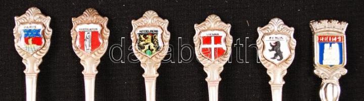 Városcímeres fém kanalak, 6 db (Bécs, Heidelberg, Kaiserslautern, Párizs, Reims, Berlin)