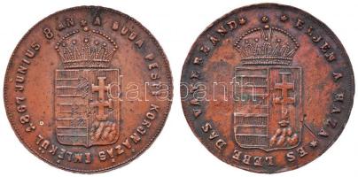 1865. "Emlékérem a pesti országgyűlésre" Br emlékérem "ÉLJEN A HAZA - ES LEBE DAS VATERLAND / EMLÉKÜL AZ 1865. ÉVI ORSZÁG GYÜLÉS MEGNYITÁSÁRA PESTEN - ORSZÁG HÁZ", a peremen: "UNGARISCHE DENK MÜNZE - MAGYAR EMLÉK PÉNZ" (39mm) + 1867. "Érem I. Ferenc József budai koronázására" Br emlékérem "A BUDA PESTI KORONÁZÁS EMLÉKÜL 1867 JUNIUS 8 ÁN / AZ 1867 ÉVI HONVÉD EGYLETEK ALAKÍTÁSÁNAK EMLÉK ZÁLOGÁUL - AZ 1867 ÉVI HONVÉD EGYLETEK ALAKÍTÁSÁNAK EMLÉK ZÁLOGÁUL", a peremen: "UNGARISCHE DENK MÜNZE - MAGYAR EMLÉK PÉNZ" (38mm) + "Emlékül az 1865. évi Országgyűlés megnyitására / Éljen a Haza - Es Lebe Das Vaterland" Br emlékérem (39mm) T:2- Hungary 1865. "For the Diet of Pest" Br commemorative medallion (39mm) + 1867. "For the  the Coronation at Buda Pest" Br commemorative medallion (38mm) C:VF HTÉ 908.