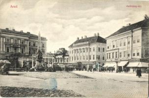 Arad, Andrássy tér, Fehér Kereszt szálloda, Radó Gyula és Husserl M. üzlete, Braun Gusztáv kávéháza, Neumann M. ruhatelepe / square, hotel, shops (EK)