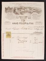 1905 Bp. Haas Fülöp és Fiai Szőnyeg- és Bútorszövet-Gyárosok reklámos, fejléces számlája. 10 f okmánybélyeggel