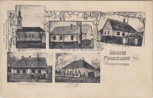 Balatonszabadi, Fokszabadi; Magyar királyi posta hivatal, Plébánialak, Római katolikus iskolák, kiadja Goldschmied Adolf, Art Nouveau (EK)