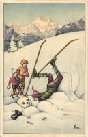 Skiers, humour, snowman, artist signed (EK)