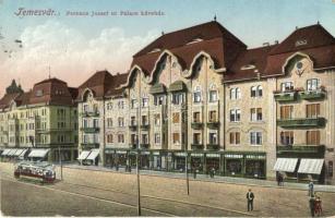 Temesvár, Ferenc József út, Palace kávéház, villamos / Café Palace, Franz Joseph street, tram