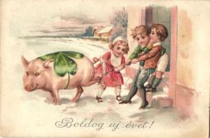 New Year, pig, children, clover, humour litho (small tear)