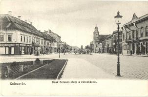 Kolozsvár, Deák Ferencz utca, Városháza, Tamási Tamás és Fia üzlete, Stief Jenő papíráruháza, kiadja Schuster Emil / street, town hall, shops