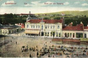 Gyulafehérvár, Hungária szálloda, piac, Takarékpénztár, Fritz Gyula, Roemer Lázár és Austerlitz üzlete / hotel, market place, bank, shops (EK)