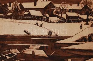 Élesdy István (1912-1987): Havas Zagyva-part. Rézkarc, papír, jelzett, 24x19 cm