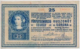 1918. 25K "3036" sorozat hullámos hátlappal + "Magyar Állampénztár" felülbélyegzéssel és "Szegedi Kézműves Bank" szárazpecséttel T:III- kézírások