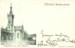 1898 Kolozsvár, Nagyutcai evangélikus református templom, kiadja Kováts P. fiai / Calvinist church (ragasztónyom / gluemark)