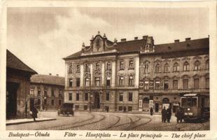 Budapest III. Óbuda, Fő tér, Kerületi Előljáróság, 5-ös villamos, autó, Vendéglő (EK)