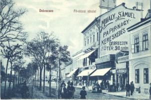 Debrecen, Fő utca, Mihály Sámuel papír nagykereskedés, Amatőr fényképészeti műterem, Krausz Mór cipő raktára, villamos megálló, kiadja Mihály Sámuel (vágott / cut)