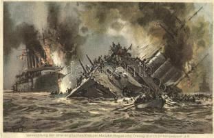 Vernichtung der drei englischen Kreuzer Aboukir, Hogue und Cressy durch Unterseeboot U9 / German navy, battle scene s: Hans Bohrdt