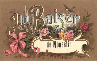 Bitola, Monastir Un Baisier floral litho greeting card s: M. Beronneau