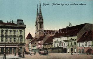 Zagreb, Jelacicev trg, prvostolnom crkvom, Krojacka skola, Apoteka / square, cathedral, school, pharmacy, tram