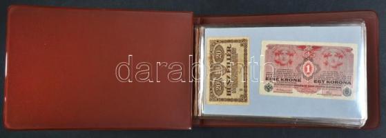 38db-os vegyes, magyar korona bankjegy tétel "Magyar Filatélia Vállalat" feliratú műbőr to...