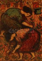 Diskay Lenke (1924-1980): Palántázók. Színezett linó, papír, jelzett, 33×24 cm