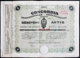 Budapest 1927. "Concordia Gőzmalom Részvénytársaság" részvénye 12P-ről, magyar és német nyelven, szelvényekkel, szárazpecséttel és "Elővételi Jog Gyakoroltatott" felülbélyegzéssel T:III