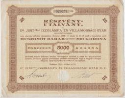 Budapest 1923. 1923. "Dr. Just-féle Izzólámpa és Villamossági Gyár Részvénytársaság" részvénye 5000K-ról, szárazpecséttel T:III